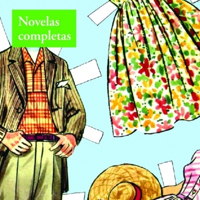 Recortes de papel de roupas vintage com texto em verde num fundo azul claro