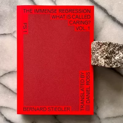 Livro de capa vermelha com texto preto sobre mármore e pedra