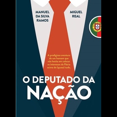 Capa de livro com fato azul escuro, camisa branca, gravata vermelha e texto do título em branco e vermelho
