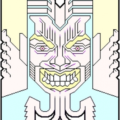 Rosto geométrico estilizado em tons de azul, amarelo e preto em moldura pixelada