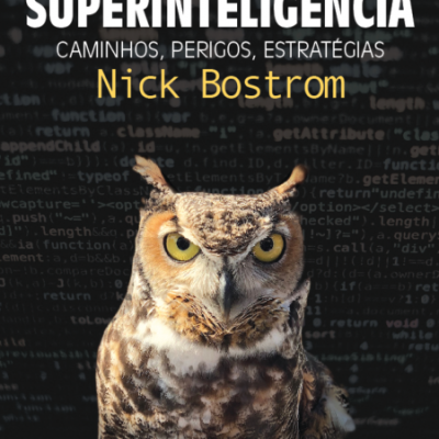 Capa do livro 'Superinteligência' com coruja e código ao fundo
