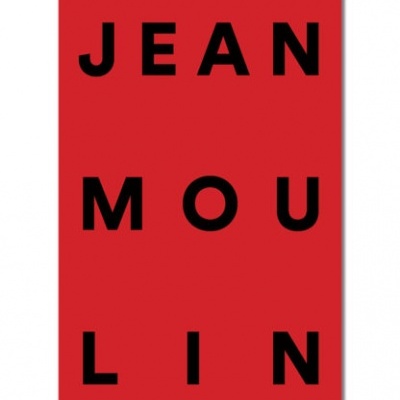 Cartaz vermelho com texto preto 'JEAN MOULIN' em fundo branco