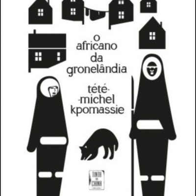 Capa de livro preto e branco com figuras de pessoas, casas e texto