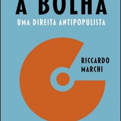 Capa de livro azul claro com título A BOLHA e gráfico circular laranja