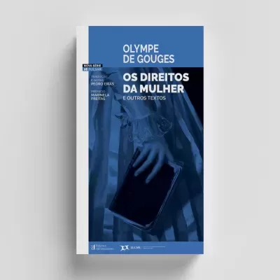 Capa do livro 'Os Direitos da Mulher e Outros Textos' de Olympe de Gouges em azul e branco