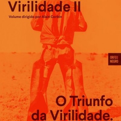 Capa laranja de livro ou DVD com texto sobre virilidade e imagem de pessoa com botas