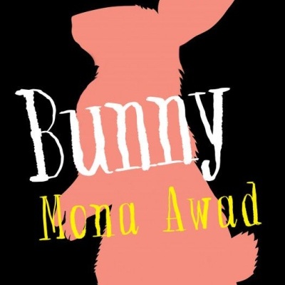 Capa de livro com silhueta cor-de-rosa de um coelho e texto branco e amarelo