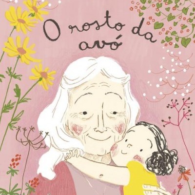 Capa de livro ilustrada de uma avó com criança, flores amarelas e texto em rosa