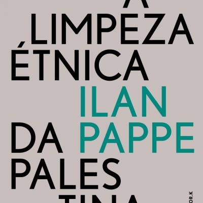 Capa de livro A Limpeza Étnica da Palestina de Ilan Pappe com texto em preto e verde num fundo cinzento