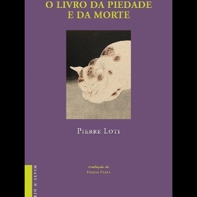 Capa de livro roxa com título, imagem de gato e texto