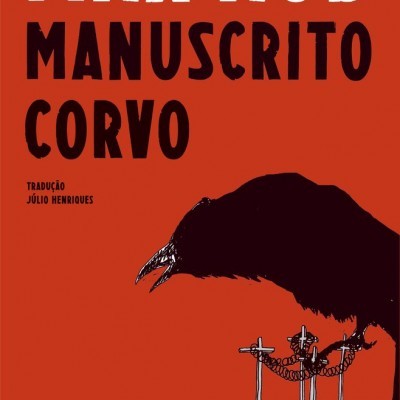 Capa de livro vermelha com título branco e preto e ilustração de corvo