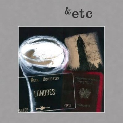 Capa de livro cinza com ilustração de café, cartão com texto Londres e passaporte vermelho