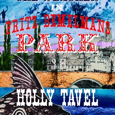 Colagem gráfica com peixe grande, castelo, balão de ar quente e texto em várias cores e fontes