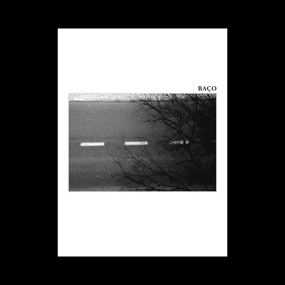 Estrada com duas faixas e ramos de árvore em preto e branco, com a palavra BAÇO no canto superior direito.