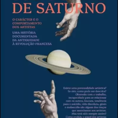 Capa de livro 'SOB O SIGNO DE SATURNO' com fundo azul e ilustração de dois braços e planeta Saturno