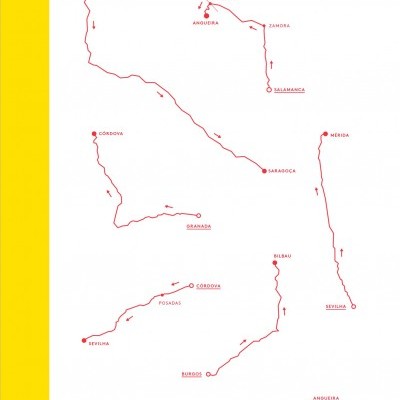 Capa de livro branca com faixa amarela e textos vermelhos, mapas estilizados de cidades espanholas e portuguesas.