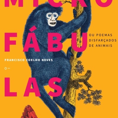 Capa de livro com ilustração de macaco azul e texto Micro Fábulas.