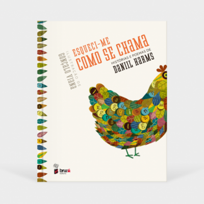 Livro com capa branca e ilustração colorida de galinha e texto 