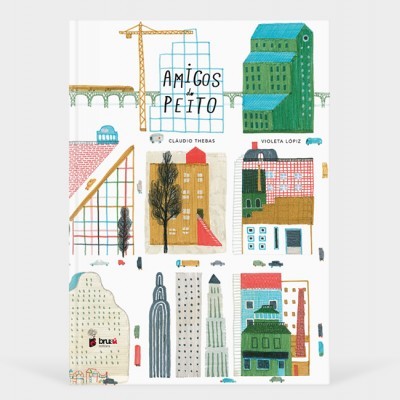 Livro com capa ilustrada de edifícios coloridos e texto AMIGOS PEITO