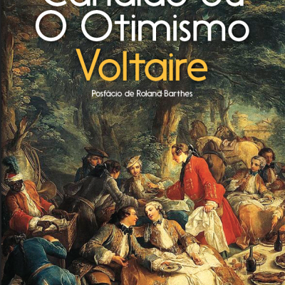 Capa do livro 'Cândido ou O Otimismo' de Voltaire com pintura clássica de festa ao ar livre
