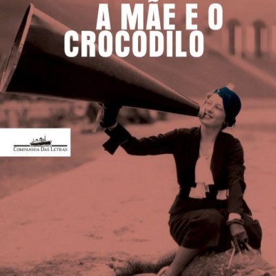 Capa de livro com mulher vintage com megafone sentada num crocodilo e texto do título e autor
