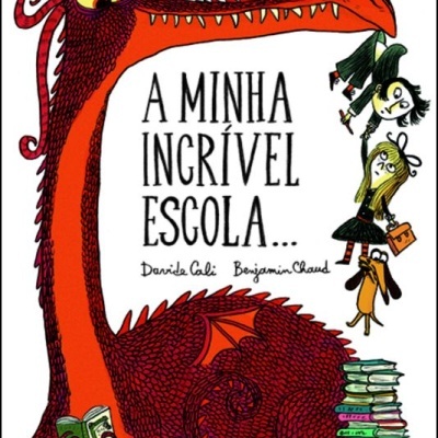 Capa de livro com dragão vermelho, crianças e pilha de livros