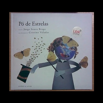 Capa de livro 'Pó de Estrelas' com ilustração de criança e borboletas em fundo branco