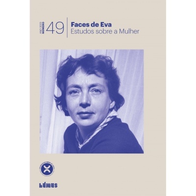 Capa de livro Faces de Eva com retrato feminino em tom azul e texto em azul sobre bege
