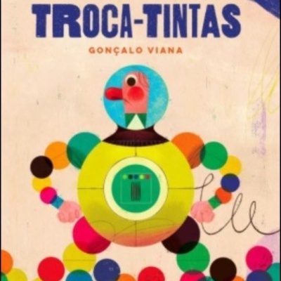 Capa de livro com ilustração geométrica colorida e texto TROCA-TINTAS