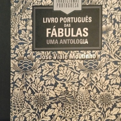 Capa de livro português com desenho floral e aves em bege e preto