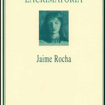 Capa de livro Lacrimatória de Jaime Rocha com retrato e texto no fundo bege