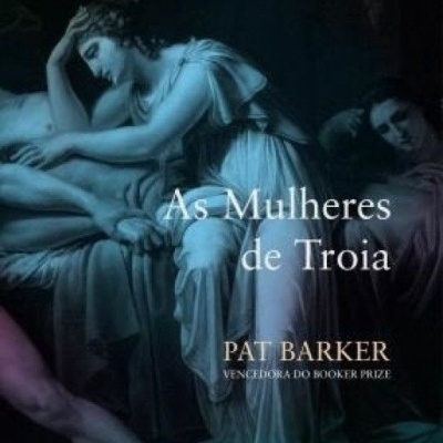 Capa do livro 'As Mulheres de Troia' com pintura clássica e texto informativo