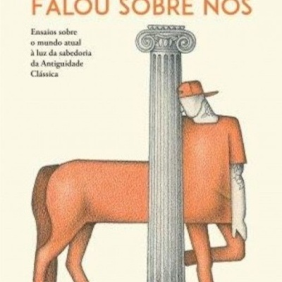 Capa do livro Alguém Falou Sobre Nós com ilustração de figura metade homem metade cavalo e coluna clássica