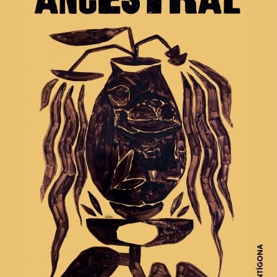 Capa de livro 'Futuro Ancestral' com ilustração abstrata em tons castanhos escuros e pretos sobre fundo amarelo