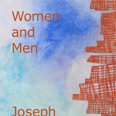 Capa de livro abstrata azul e laranja com texto Women and Men e Joseph McElroy