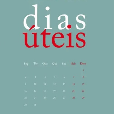 Capa do livro 'dias úteis' de Patrícia Portela com fundo azul esverdeado e texto em branco e vermelho