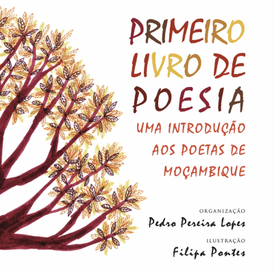 Capa de livro 'Primeiro Livro de Poesia' com árvore ilustrada e texto colorido