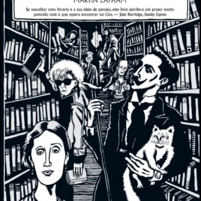 Capa do livro Crónicas de um Livreiro com ilustração a preto e branco de pessoas numa livraria