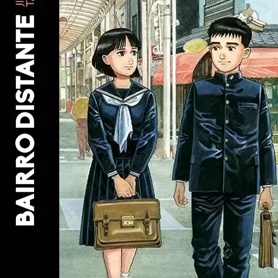 Capa do livro Bairro Distante com dois estudantes em uniforme escolar japonês em rua coberta