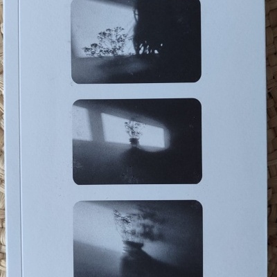 Capa de livro branca com título e autor, e três fotos em preto e branco em sequência.