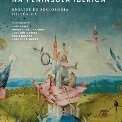 Capa de livro com título EMOÇÕES E PODER NA PENÍNSULA IBÉRICA sobre fundo de pintura surrealista