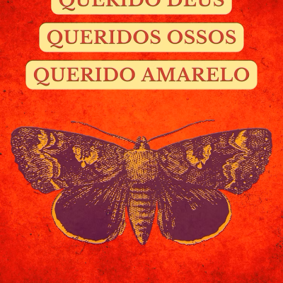 Capa de livro vermelha com ilustração de mariposa roxa e texto em amarelo claro e castanho.