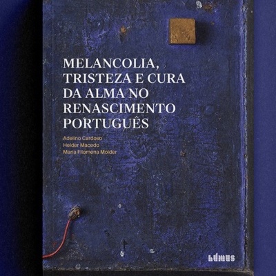 Capa de livro azul escura com texto branco e detalhes em ferrugem.