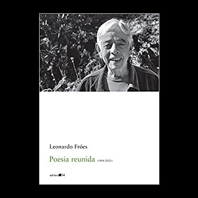 Capa de livro Poesia reunida de Leonardo Fróes com fundo branco e texto em verde e preto