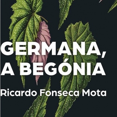 Capa de livro GERMANA, A BEGÓNIA com folhas verdes e rosa sobre fundo negro