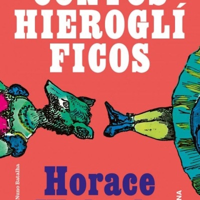 Capa de livro 'Contos Hieroglíficos' de Horace Walpole com ilustrações coloridas e texto em fundo vermelho