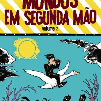 Capa de livro com título Mundos em Segunda Mão volume 2 sobre fundo amarelo e ilustrações em azul e preto.