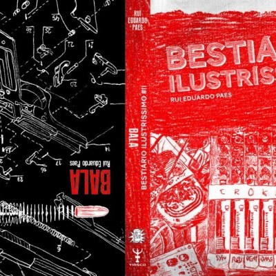 Capa de livro BESTIARIO ILUSTRISSIMO #1 com ilustrações técnicas em vermelho e branco