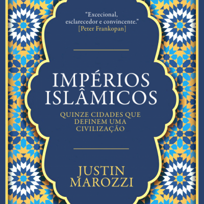 Capa de livro azul escuro com padrão geométrico e texto em branco e amarelo