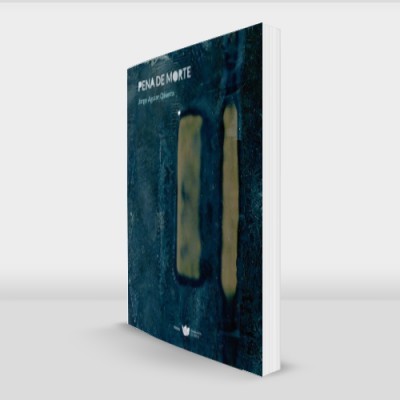 Livro azul escuro com janelas transparentes e texto branco